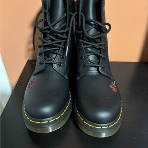 Dr. Martens Black Leather Boots with Red Embroidery